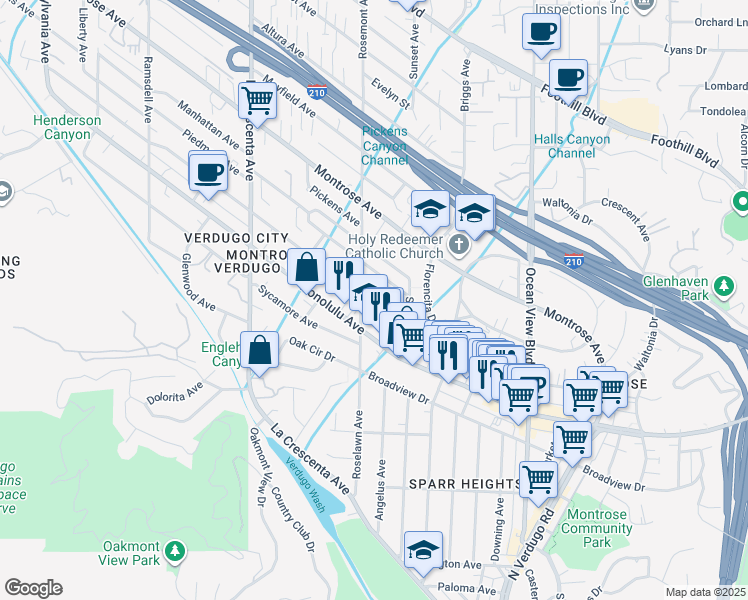 map of restaurants, bars, coffee shops, grocery stores, and more near 2547 Hermosa Avenue in La Crescenta-Montrose