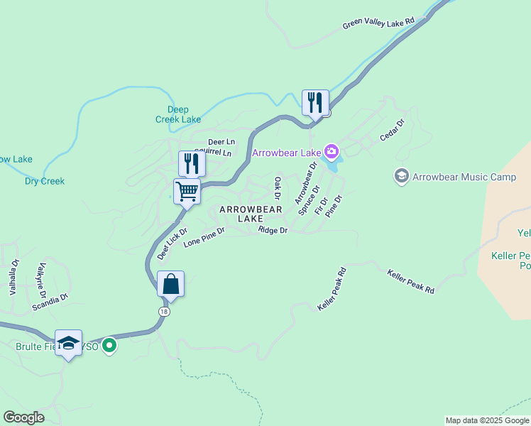 map of restaurants, bars, coffee shops, grocery stores, and more near 33070 Falcon Lane in Running Springs
