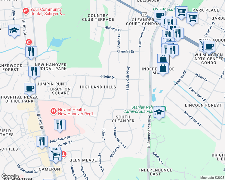 map of restaurants, bars, coffee shops, grocery stores, and more near 1924 Knollwood Drive in Wilmington