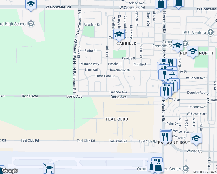 map of restaurants, bars, coffee shops, grocery stores, and more near 670 Joliet Place in Oxnard