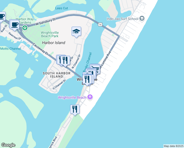 map of restaurants, bars, coffee shops, grocery stores, and more near 4 Channel Avenue in Wrightsville Beach