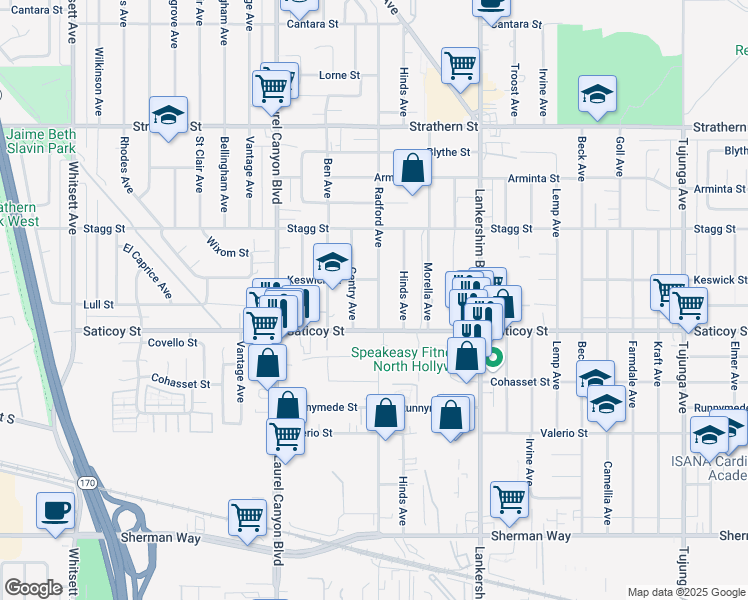 map of restaurants, bars, coffee shops, grocery stores, and more near 7637 Radford Avenue in Los Angeles