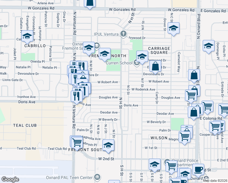 map of restaurants, bars, coffee shops, grocery stores, and more near 938 West Roderick Avenue in Oxnard