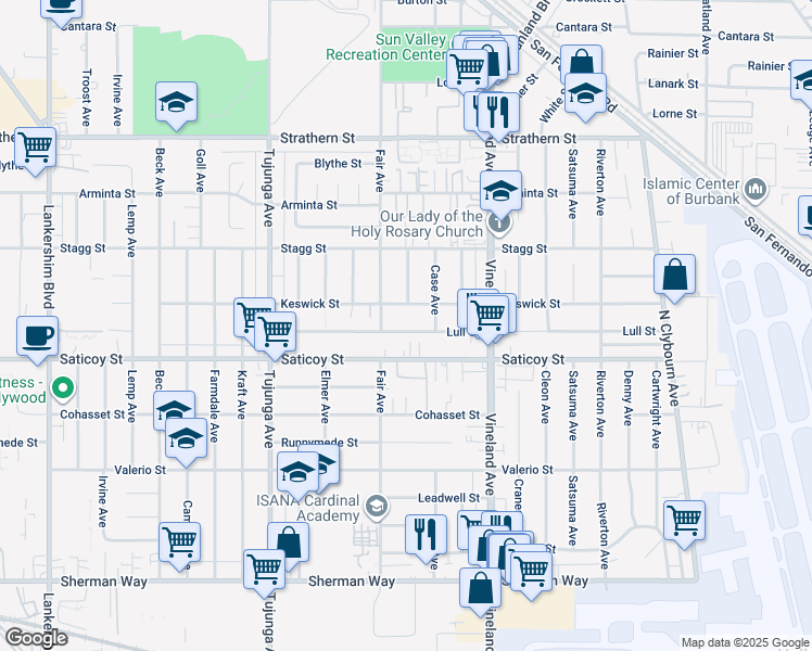 map of restaurants, bars, coffee shops, grocery stores, and more near 11131 Lull Street in Los Angeles