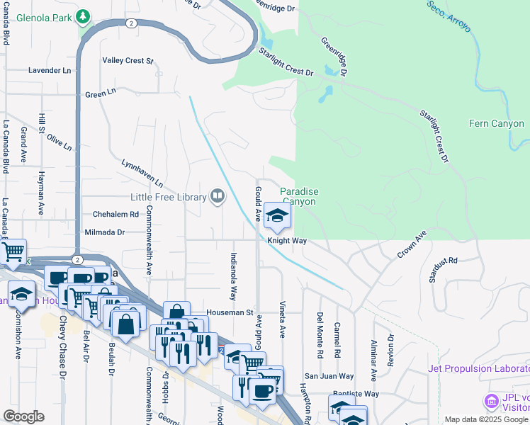 map of restaurants, bars, coffee shops, grocery stores, and more near 5040 Gould Avenue in La Cañada Flintridge