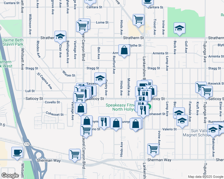 map of restaurants, bars, coffee shops, grocery stores, and more near 7637 Radford Avenue in Los Angeles