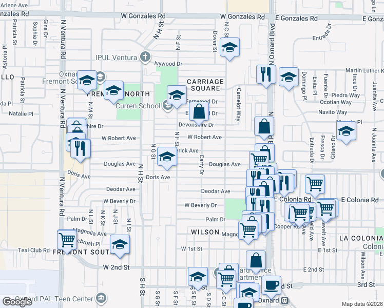 map of restaurants, bars, coffee shops, grocery stores, and more near 630 West Roderick Avenue in Oxnard