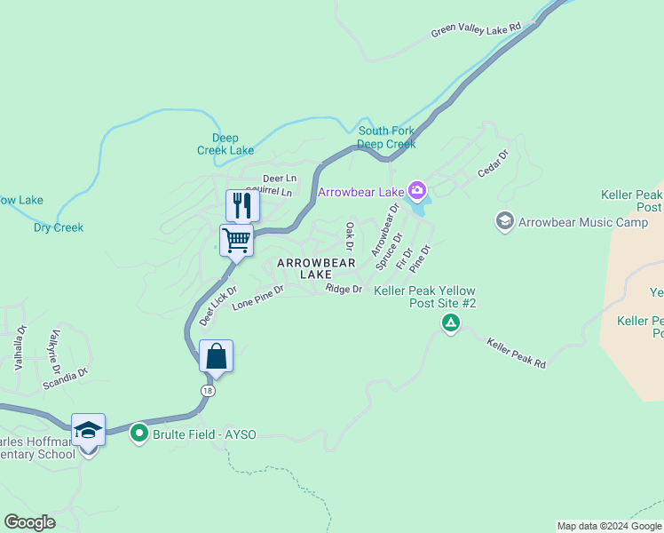 map of restaurants, bars, coffee shops, grocery stores, and more near 33070 Falcon Lane in Running Springs