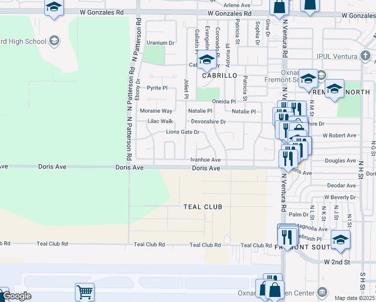 map of restaurants, bars, coffee shops, grocery stores, and more near 670 Joliet Place in Oxnard