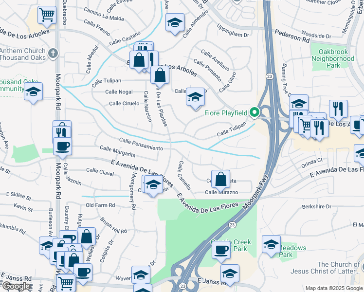 map of restaurants, bars, coffee shops, grocery stores, and more near 1233 Calle Pensamiento in Thousand Oaks