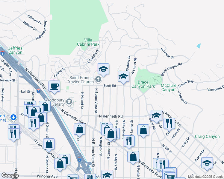 map of restaurants, bars, coffee shops, grocery stores, and more near 2950 North Lincoln Street in Burbank