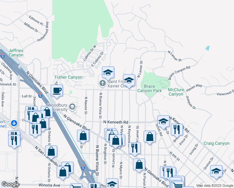 map of restaurants, bars, coffee shops, grocery stores, and more near 2950 North Lincoln Street in Burbank