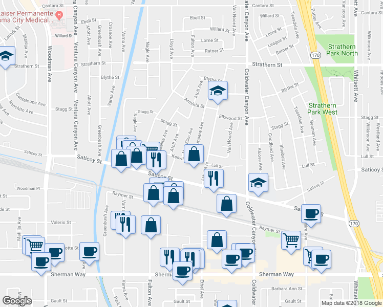 map of restaurants, bars, coffee shops, grocery stores, and more near 7633 Ampere Avenue in Los Angeles