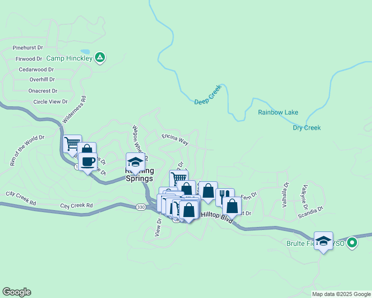 map of restaurants, bars, coffee shops, grocery stores, and more near 2462 Palo Alto Way in Running Springs