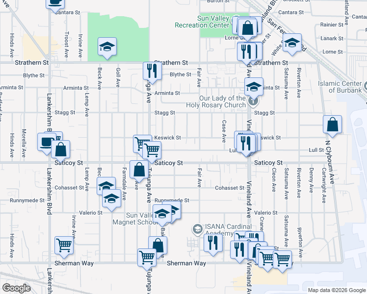 map of restaurants, bars, coffee shops, grocery stores, and more near 11220 Lull Street in Los Angeles