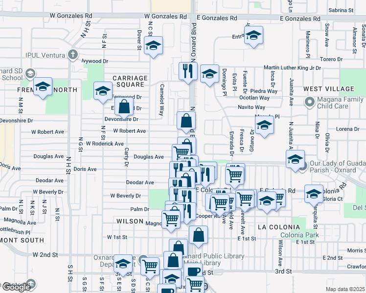 map of restaurants, bars, coffee shops, grocery stores, and more near 705 North Oxnard Boulevard in Oxnard