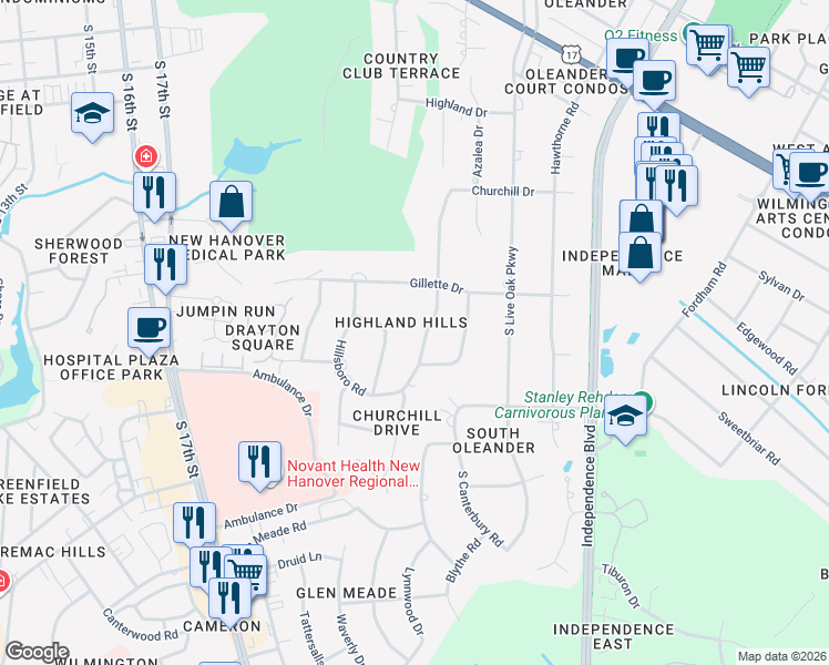 map of restaurants, bars, coffee shops, grocery stores, and more near 1929 Brookhaven Road in Wilmington