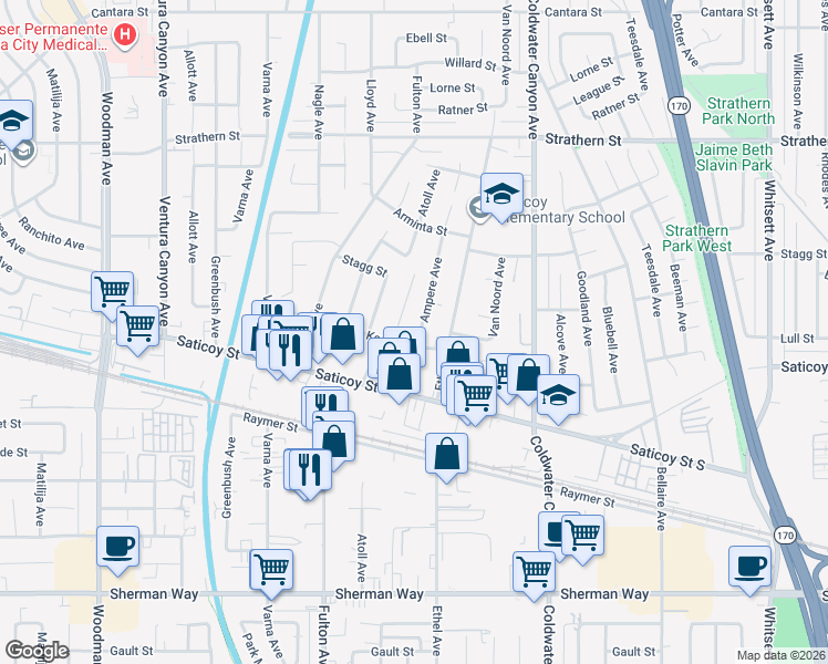 map of restaurants, bars, coffee shops, grocery stores, and more near 7633 Ampere Avenue in Los Angeles
