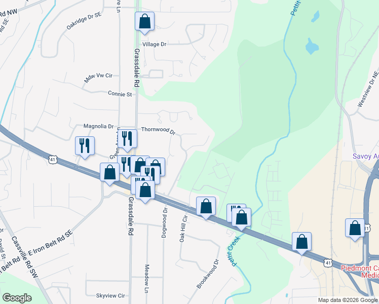 map of restaurants, bars, coffee shops, grocery stores, and more near 1 Southview Drive in Cartersville