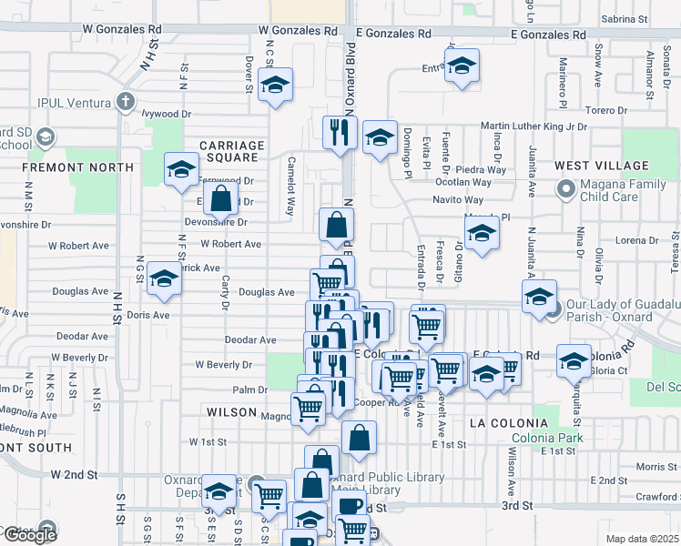 map of restaurants, bars, coffee shops, grocery stores, and more near 705 North Oxnard Boulevard in Oxnard