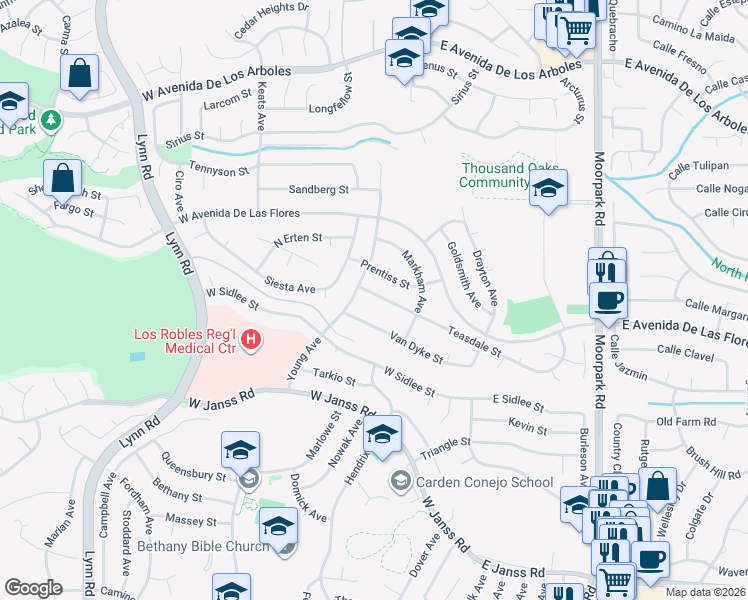 map of restaurants, bars, coffee shops, grocery stores, and more near 16 Teasdale Street in Thousand Oaks