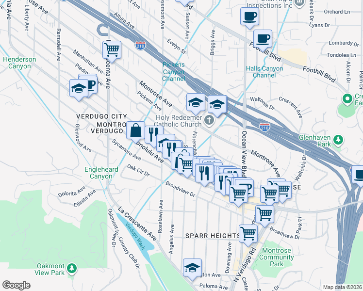 map of restaurants, bars, coffee shops, grocery stores, and more near 3910 Sunset Avenue in La Crescenta-Montrose