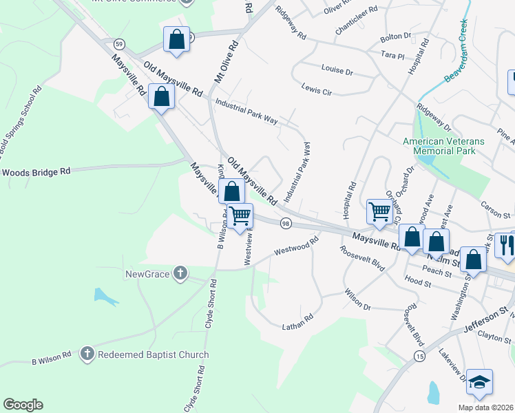 map of restaurants, bars, coffee shops, grocery stores, and more near 3072 Maysville Highway in Commerce
