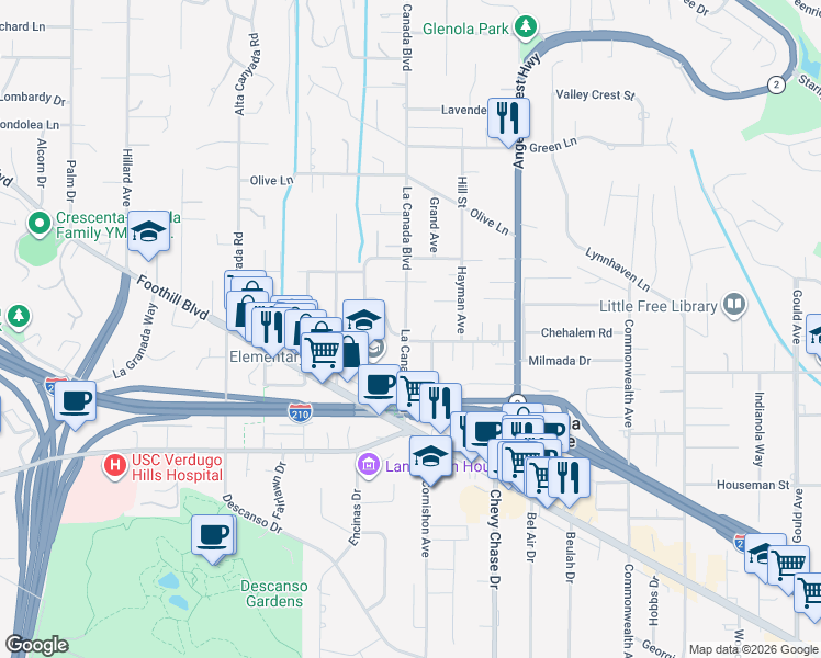 map of restaurants, bars, coffee shops, grocery stores, and more near 4710 La Canada Boulevard in La Cañada Flintridge