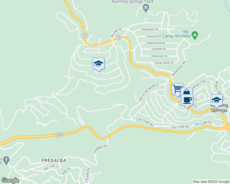 map of restaurants, bars, coffee shops, grocery stores, and more near 2435 Spring Oak Drive in Running Springs
