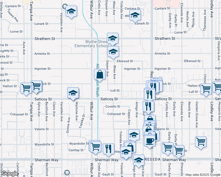 map of restaurants, bars, coffee shops, grocery stores, and more near 18745 Lull Street in Los Angeles