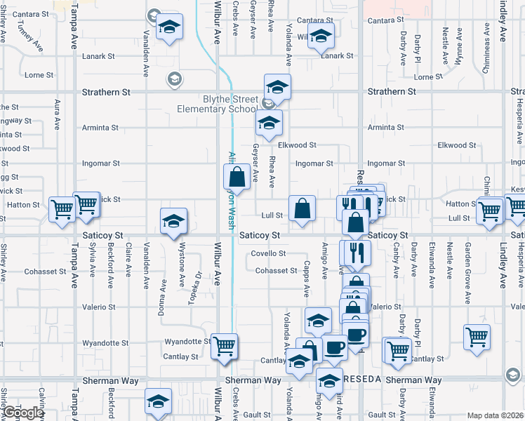 map of restaurants, bars, coffee shops, grocery stores, and more near 18745 Lull Street in Los Angeles