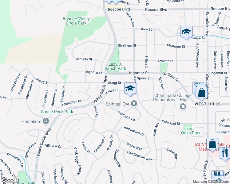 map of restaurants, bars, coffee shops, grocery stores, and more near 23714 Posey Lane in Los Angeles
