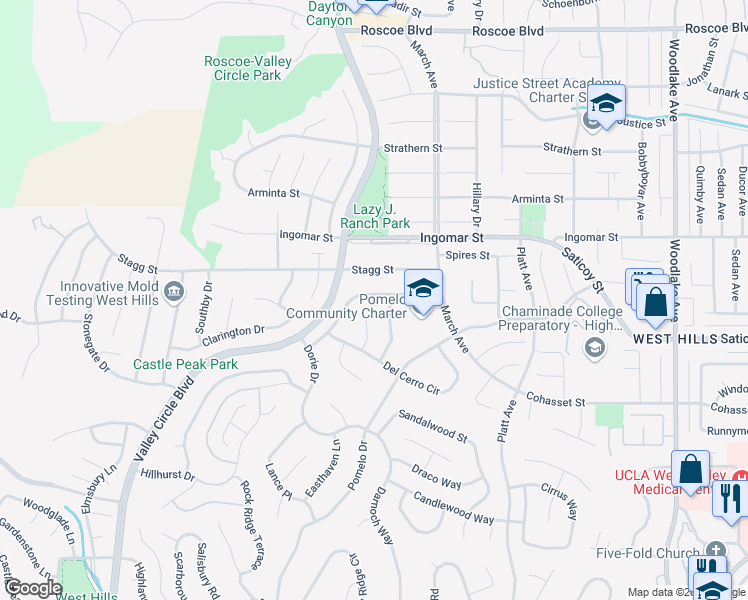 map of restaurants, bars, coffee shops, grocery stores, and more near 23714 Posey Lane in Los Angeles