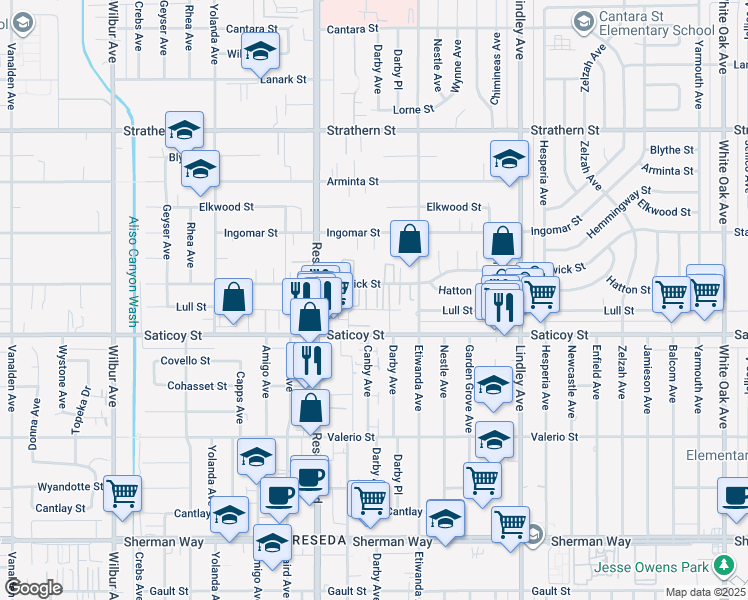 map of restaurants, bars, coffee shops, grocery stores, and more near 18352 Keswick Street in Los Angeles