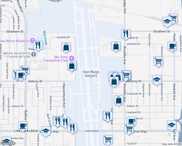 map of restaurants, bars, coffee shops, grocery stores, and more near 16461 Sherman Way in Los Angeles