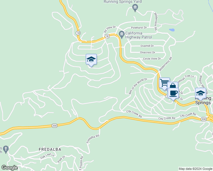 map of restaurants, bars, coffee shops, grocery stores, and more near 2435 Spring Oak Drive in Running Springs