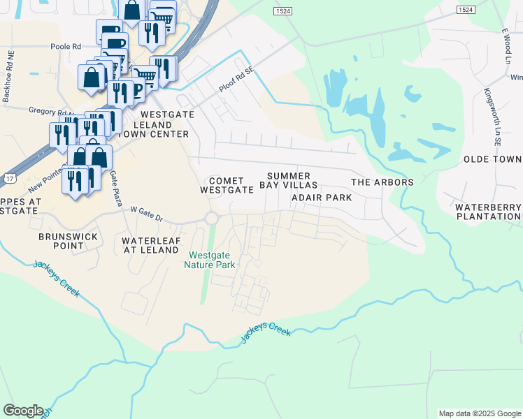 map of restaurants, bars, coffee shops, grocery stores, and more near 2896 Summer Townes Way in Leland