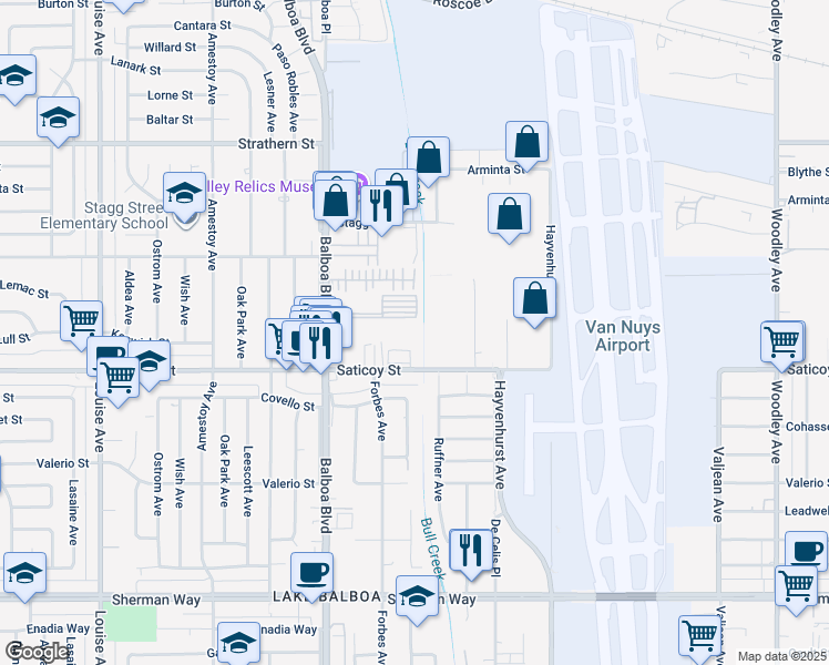 map of restaurants, bars, coffee shops, grocery stores, and more near 8633 Balboa Boulevard in Los Angeles