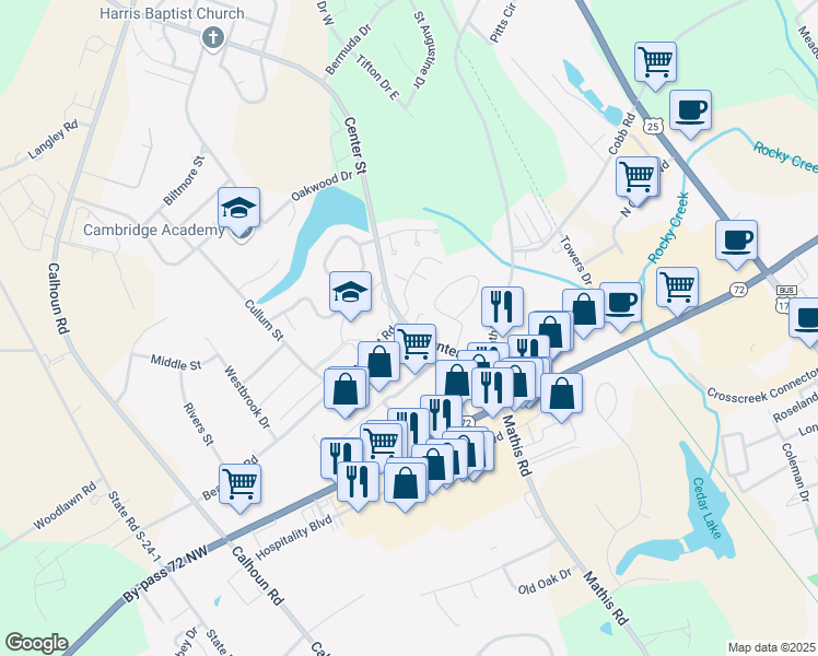 map of restaurants, bars, coffee shops, grocery stores, and more near 660 Center Street in Greenwood
