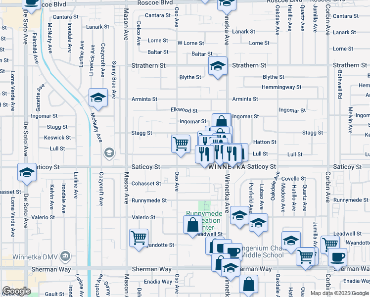 map of restaurants, bars, coffee shops, grocery stores, and more near 20263 Saticoy Street in Los Angeles