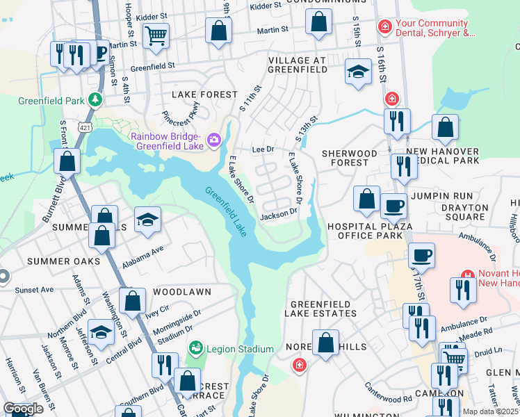 map of restaurants, bars, coffee shops, grocery stores, and more near 257 East Lake Shore Drive in Wilmington