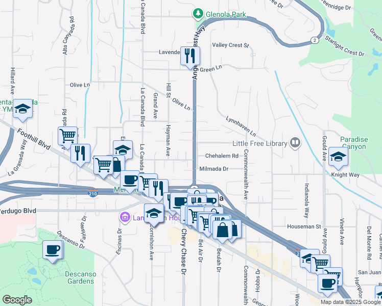 map of restaurants, bars, coffee shops, grocery stores, and more near 941 Milmada Drive in La Cañada Flintridge