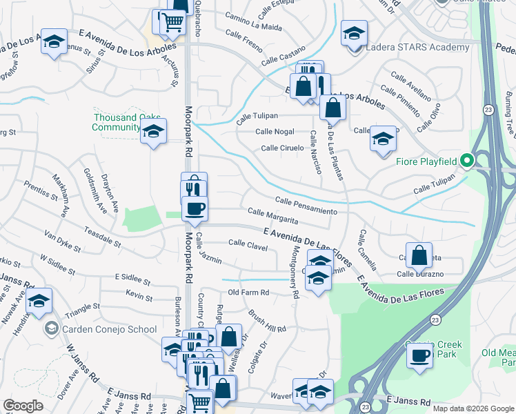 map of restaurants, bars, coffee shops, grocery stores, and more near 839 Calle Margarita in Thousand Oaks