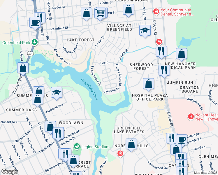 map of restaurants, bars, coffee shops, grocery stores, and more near 266 Lake Forest Parkway in Wilmington
