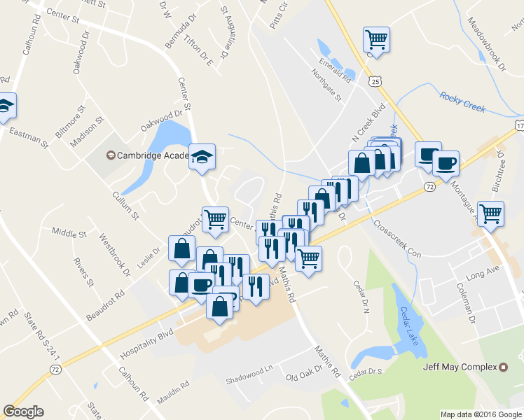 map of restaurants, bars, coffee shops, grocery stores, and more near 1225 Mathis Road in Greenwood