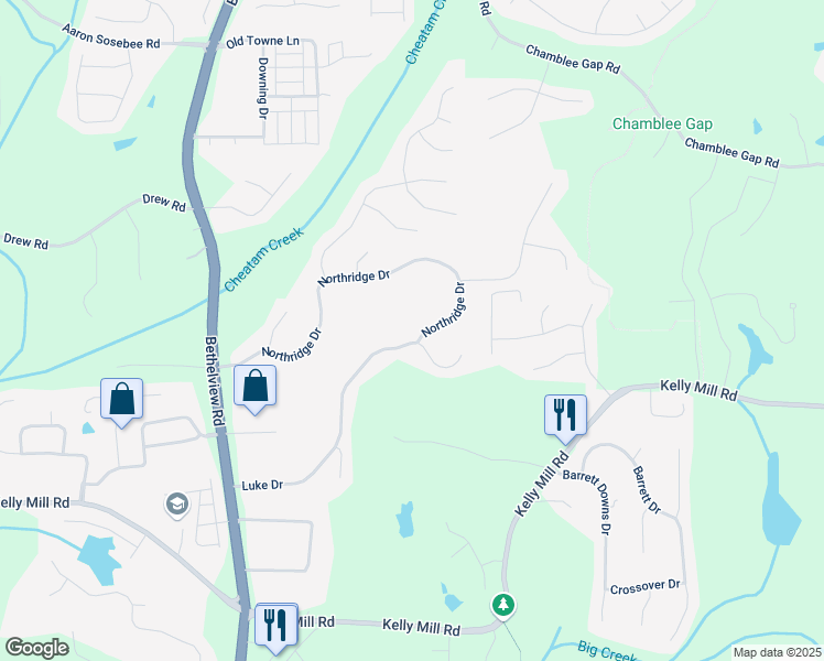 map of restaurants, bars, coffee shops, grocery stores, and more near 4715 Northridge Drive in Cumming