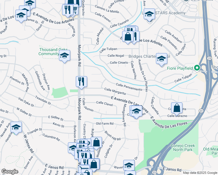 map of restaurants, bars, coffee shops, grocery stores, and more near 839 Calle Margarita in Thousand Oaks