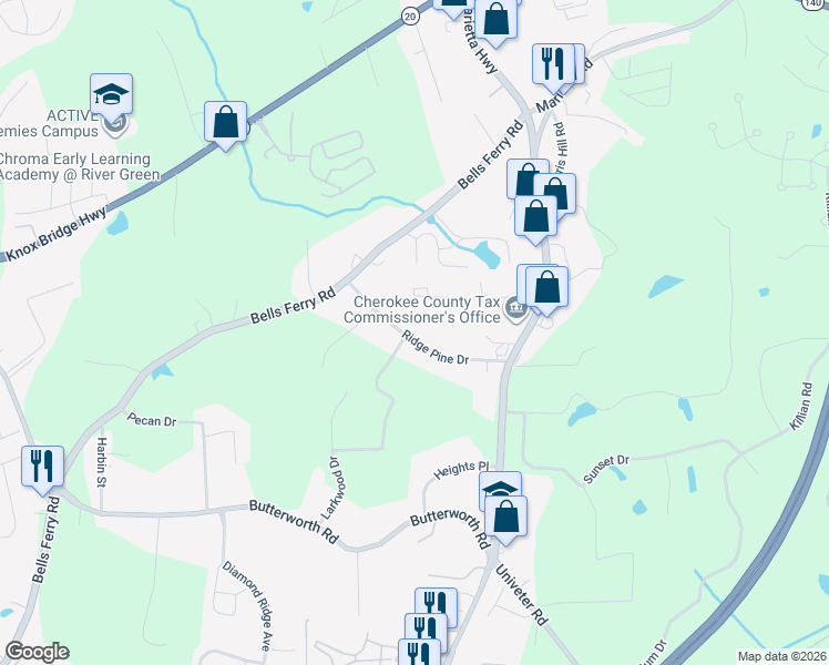 map of restaurants, bars, coffee shops, grocery stores, and more near 366 Ridge Pine Drive in Canton