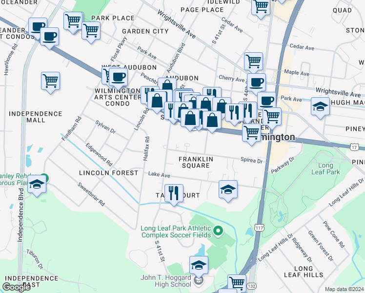 map of restaurants, bars, coffee shops, grocery stores, and more near 4143 Spirea Drive in Wilmington