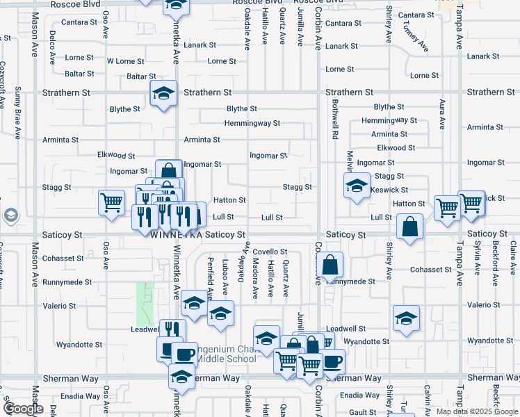map of restaurants, bars, coffee shops, grocery stores, and more near 19844 Hatton Street in Los Angeles